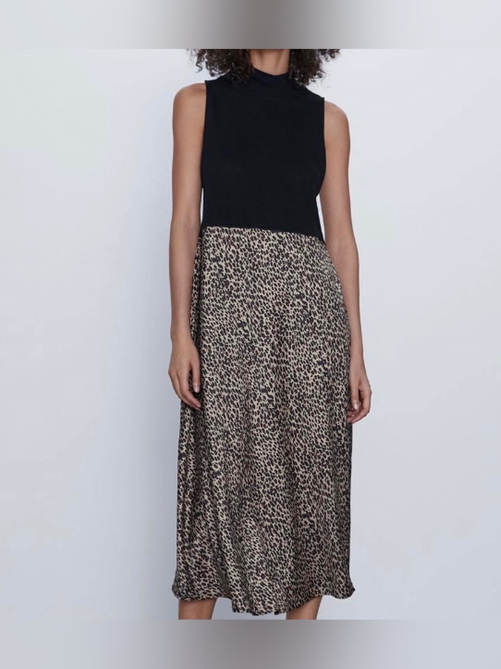 Zara Combined Animal Print Sleeveless Mock Neck Midi Dress